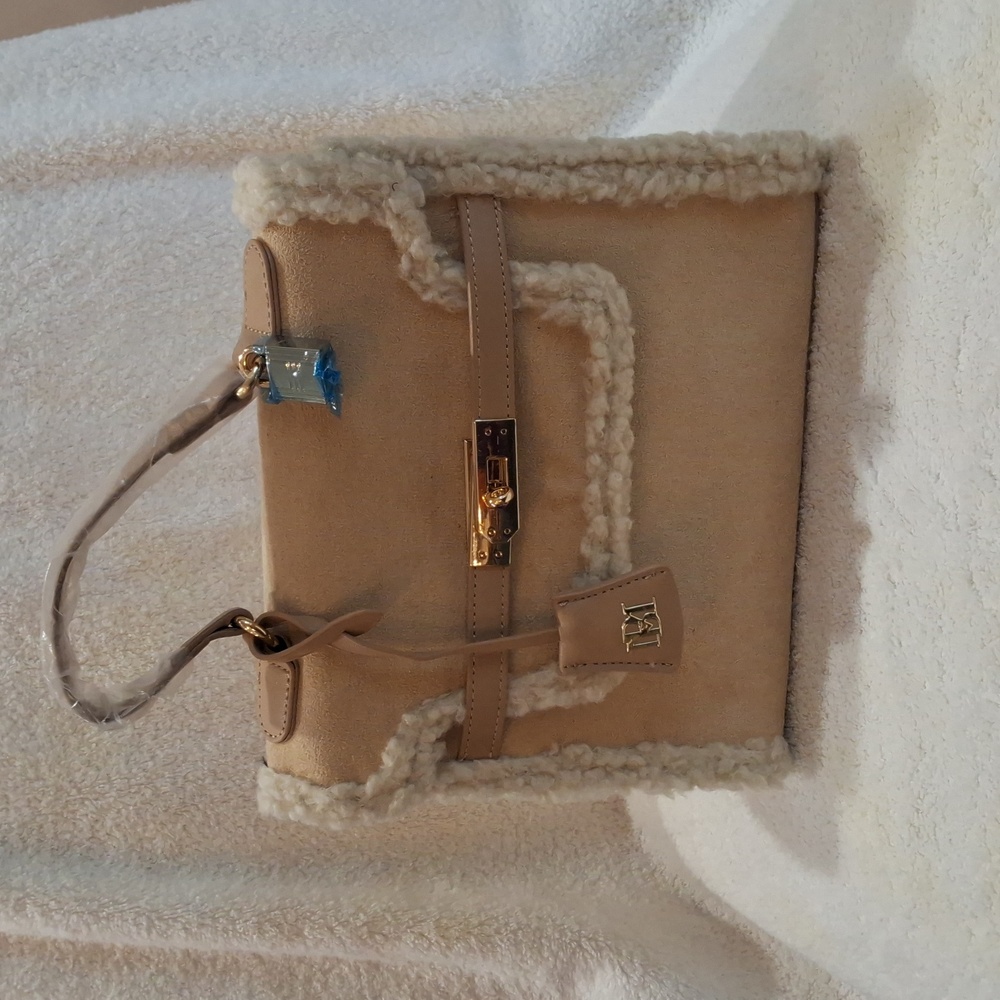 NWOT Badgley Mischka Vegan Leather Satchel Handbag with Fur Border